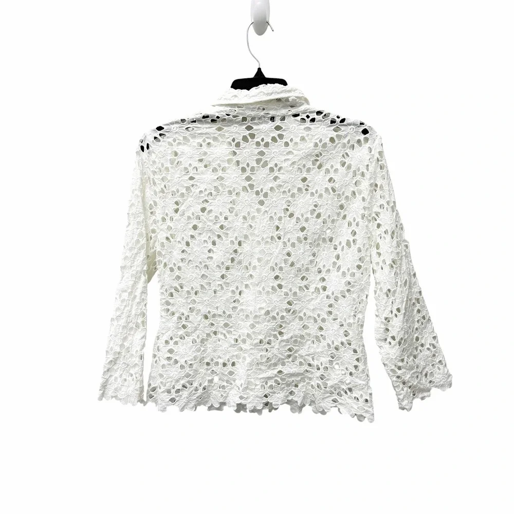 Vintage Lilly Pulitzer White Cotton Eyelet Lace Button Down Shirt Rose Buttons